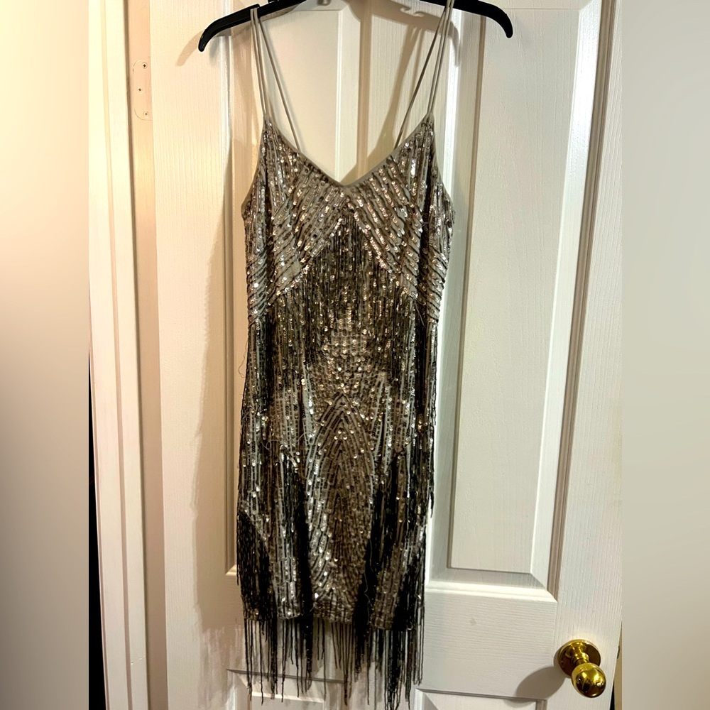 TOPSHOP Couture Runway Silver Sequin Dress
